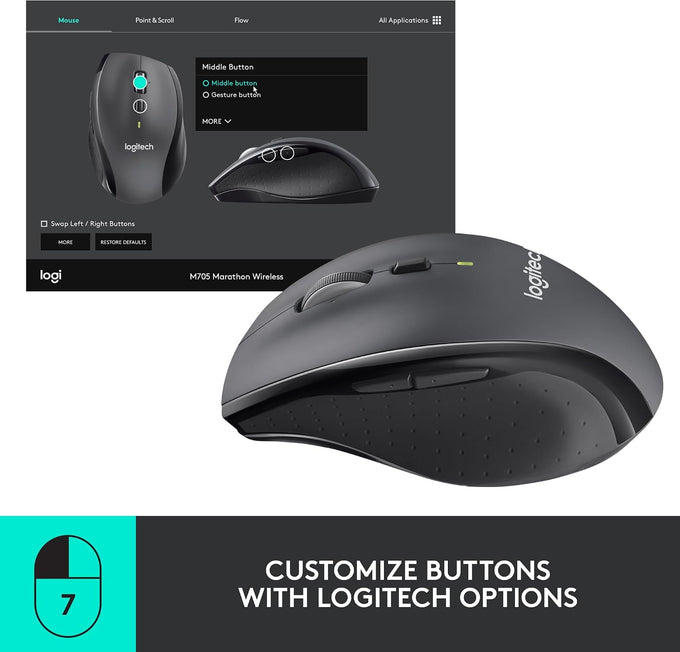 Logitech M705 Marathon Full Size 2.4 GHz Wireless Mouse - Black