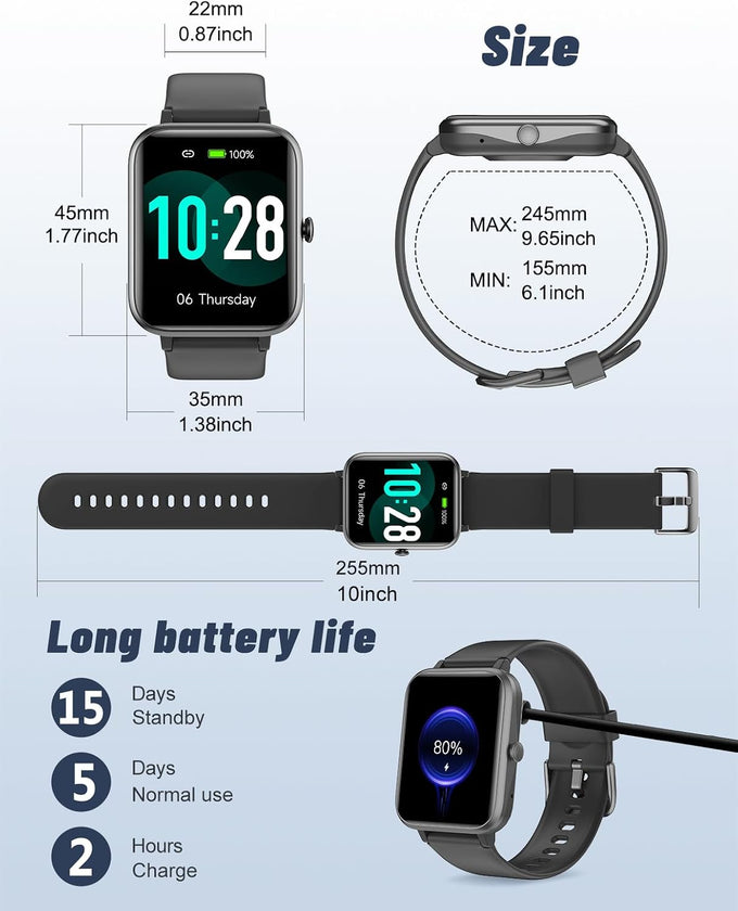 GRV Smart Watch for Men Women, Bluetooth Call, for iPhone Android Black