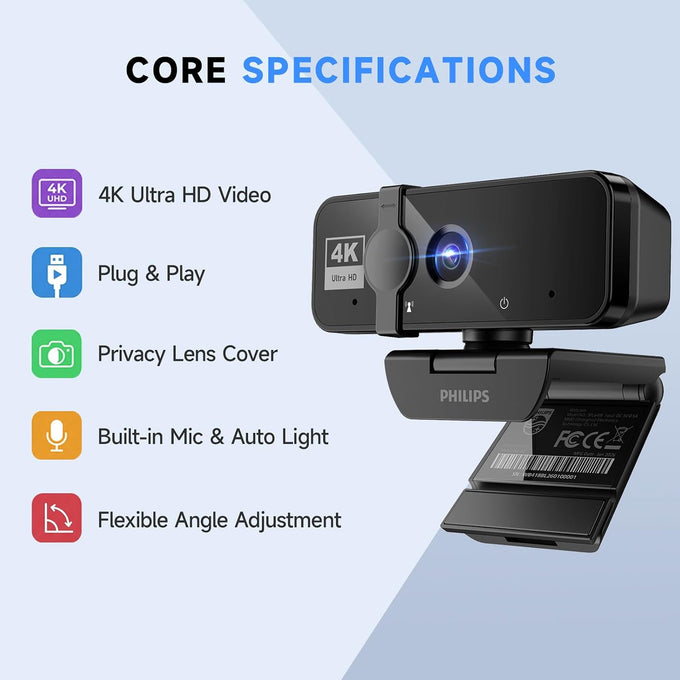 PHILIPS 4K Webcam for PC with Microphone, Computer Camera for Meetings