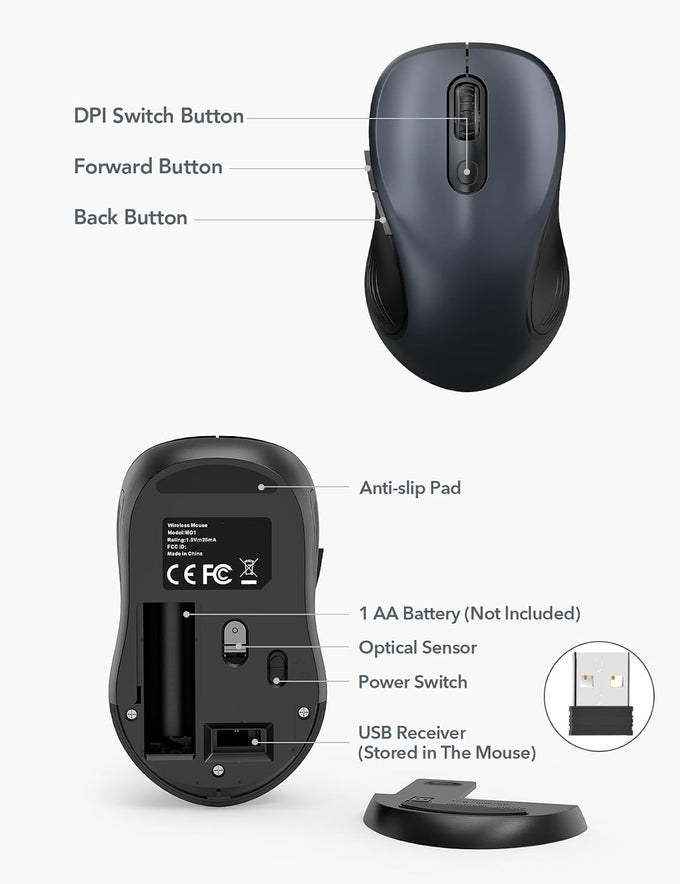 Trueque Wireless Mouse for Laptop, Ergonomic 6-Button Mouse, Space Gray