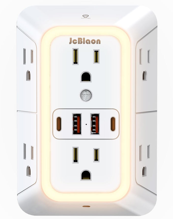 Wall Outlet Extender with Night Light, Power Plug Adapter 6 Outlet Extender with 4 USB Charging Ports（2 USB C）,1050J Power Strip Multi Plug Adapter Spaced for Home Office Travel-Black-ETL