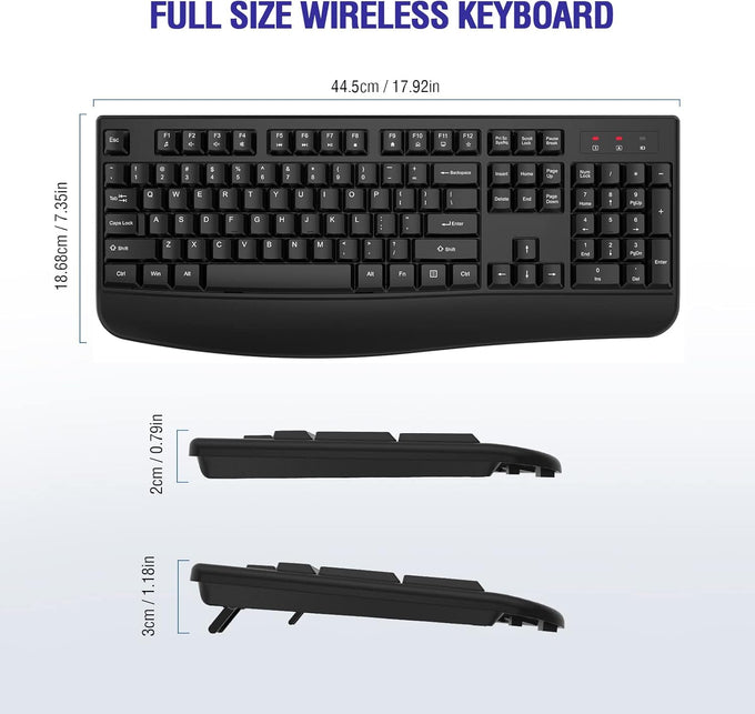 QUASIO Wireless Keyboard, 2.4G Full-Sized Ergonomic Wireless Computer Keyboard with Wrist Rest for Windows, Mac OS Laptop/PC/Desktop/Notebook(Black)
