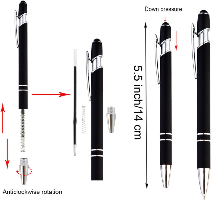 PASISIBICK 12-Piece Black Ballpoint Pen with Stylus Tip, 2 in 1 Stylish Metal Touch Screen Pen - Black Ink, 1.0 mm Medium Point - 5.5 x 0.4 inch / 14 x 1 cm