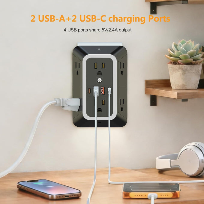 Wall Outlet Extender with Night Light, Power Plug Adapter 6 Outlet Extender with 4 USB Charging Ports（2 USB C）,1050J Power Strip Multi Plug Adapter Spaced for Home Office Travel-Black-ETL