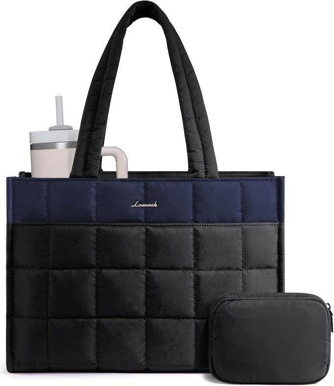 LOVEVOOK Tote Bag for Women, Puffer Work Handbag 15.6 Inch Laptop Purse for Nurse Teacher, Large Quilted Travel Tote Shoulder Bag with Zipper for College Office Clinical Gym, Black