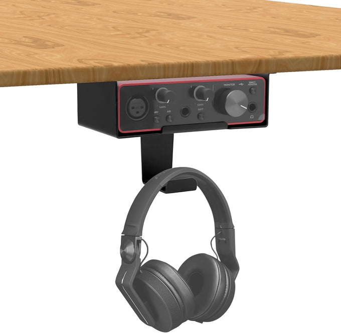 Under Desk Mount for Focusrite Scarlett Solo 3rd Gen/Solo 4th Gen with Headphone Hanger Stand,Under Desk Metal Shelf Organizer for Audio Interfaces and Studio Gear (Black Holder Only)