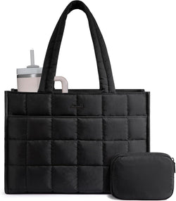LOVEVOOK Tote Bag for Women, Puffer Work Handbag 15.6 Inch Laptop Purse for Nurse Teacher, Large Quilted Travel Tote Shoulder Bag with Zipper for College Office Clinical Gym, Black