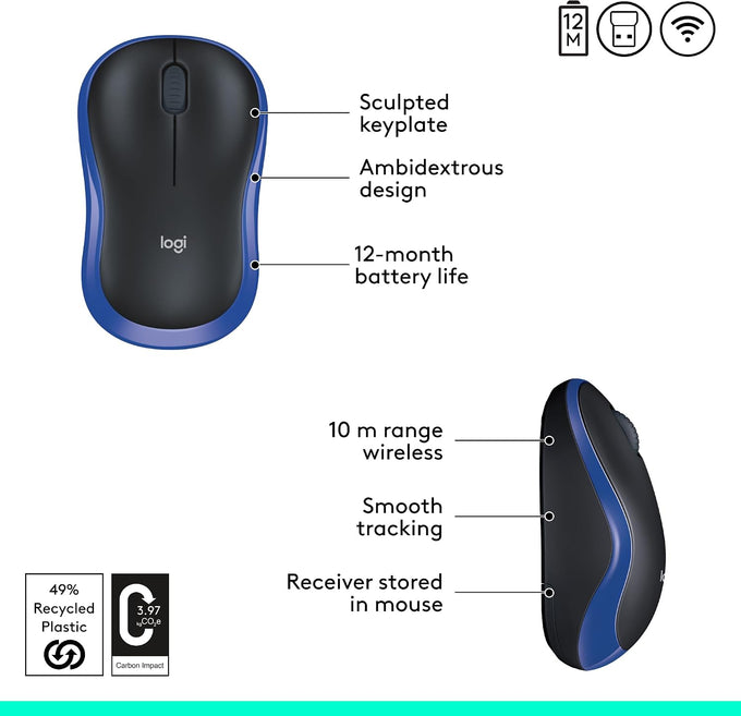 Logitech M185 Compact Ambidextrous Wireless Mouse with Rubber Grips - Blue