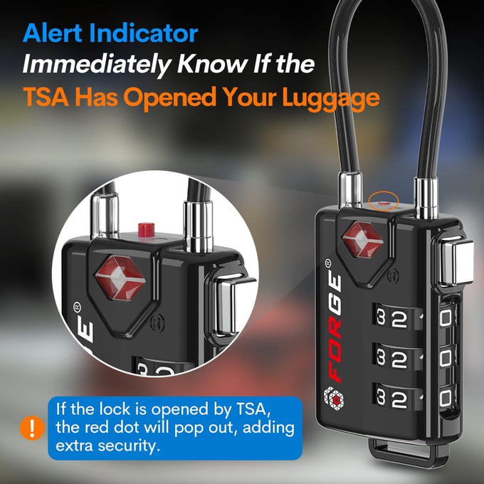 Forge TSA Approved Luggage Locks, Open Alert Cable Lock, Black, 2 Pack