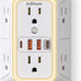 Wall Outlet Extender with Night Light, Power Plug Adapter 6 Outlet Extender with 4 USB Charging Ports（2 USB C）,1050J Power Strip Multi Plug Adapter Spaced for Home Office Travel-Black-ETL