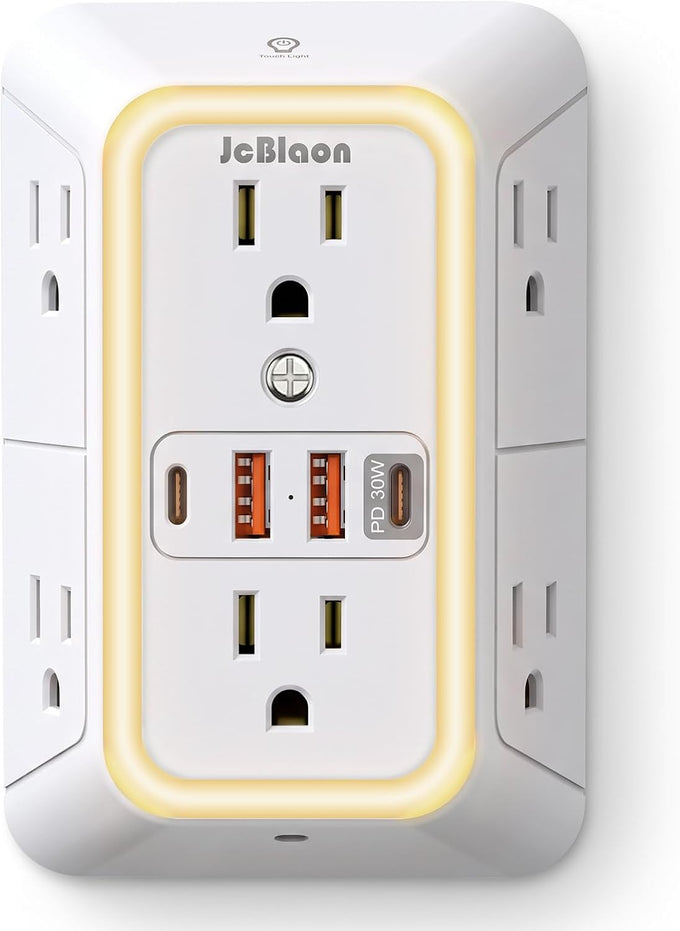 Wall Outlet Extender with Night Light, Power Plug Adapter 6 Outlet Extender with 4 USB Charging Ports（2 USB C）,1050J Power Strip Multi Plug Adapter Spaced for Home Office Travel-Black-ETL