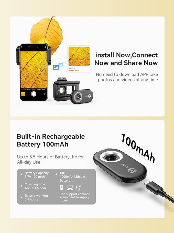 MIAO LAB 200X Phone Microscope Lens, Phone Camera Micro Lens with Universal Clip/LED Light/CPL, Mini Pocket Microscope Attachment for iPhone 17/16/15/14/13 Series and Most Smartphone MS200(200X)