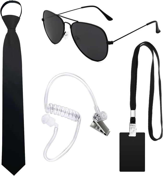 4 Pcs Agent Costume Accessories Spy Secret Agent Security Guard Costume Accessory Earpiece Glasses Halloween Cosplay Party