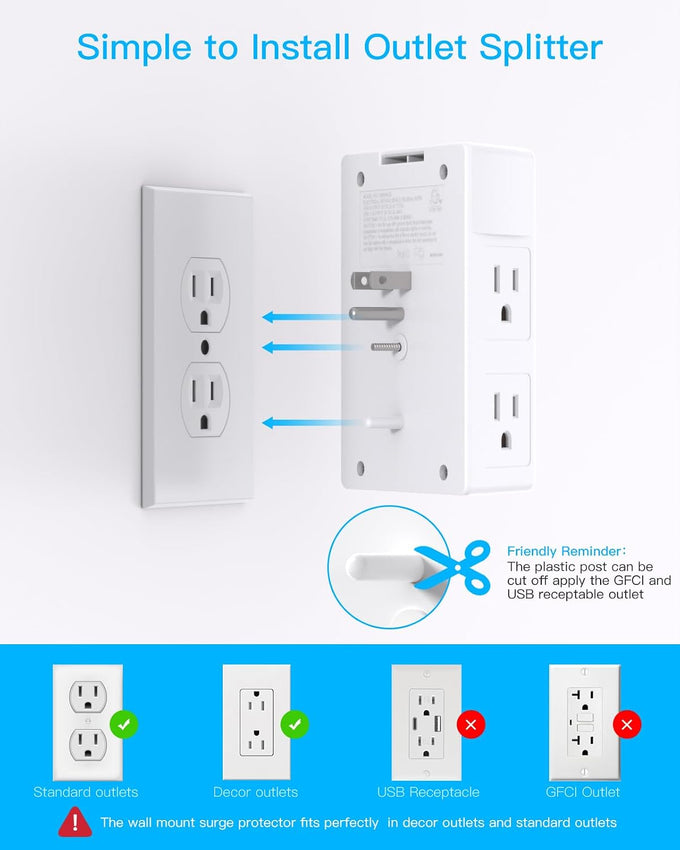 One Beat Surge Protector Wall Outlet Extender,3-Sided Outlet Splitter 1680J