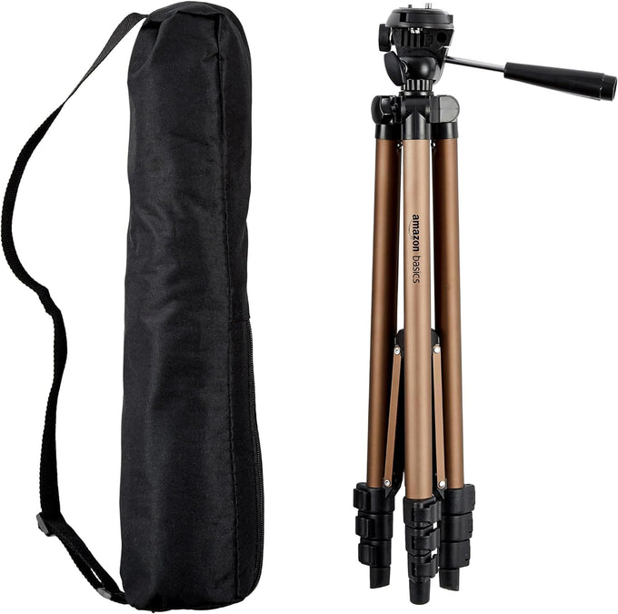 Amazon Basics 50-inch Lightweight Portable Camera Tripod Stand with Quick-Release Plate, Adjustable Height, Aluminum, for Travel Photography, Champagne