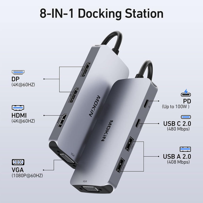 USB C Docking Station Dual DisplayPort, 8 in 1 USB Hub with 2 DP, HDMI, VGA, USB C 2.0, A 2.0, PD Charging Port, Multi Monitor Adapter for Dell/HP/Lenovo Laptops