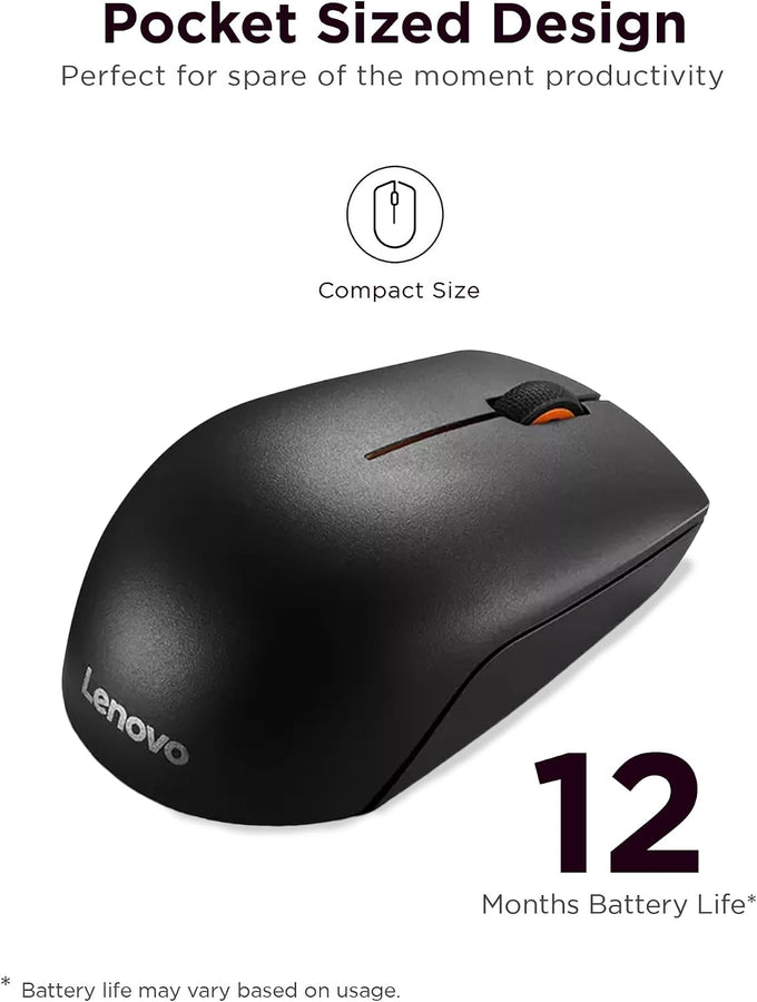 Lenovo 300 Wireless Mouse, Black, Computer Mouse for PC and Laptop with Windows, Ambidextrous Design, 2.4 GHz Nano USB Receiver, 12 Month Battery Life