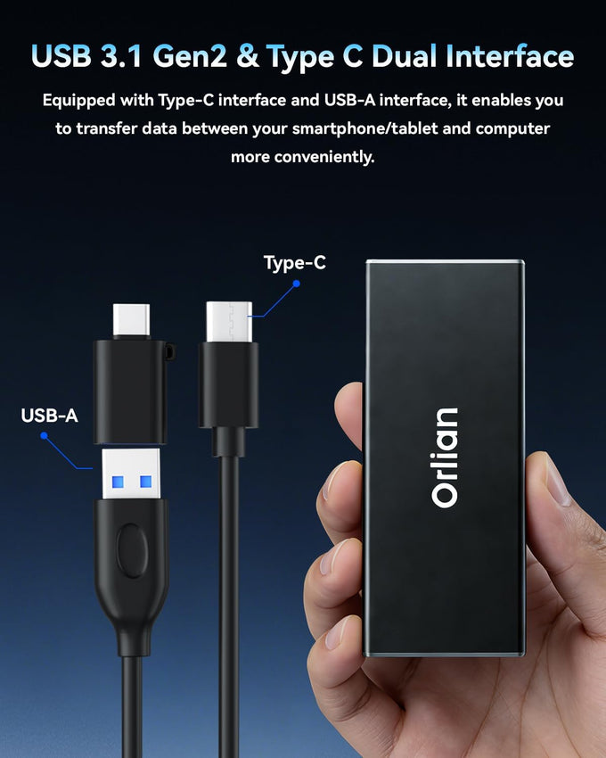 Orlian 250GB External Portable SSD Solid State Drive USB 3.1 Gen 2 Up to 500MB/s High-Speed Solid State Drive for Phone, Windows, Android, PC and More
