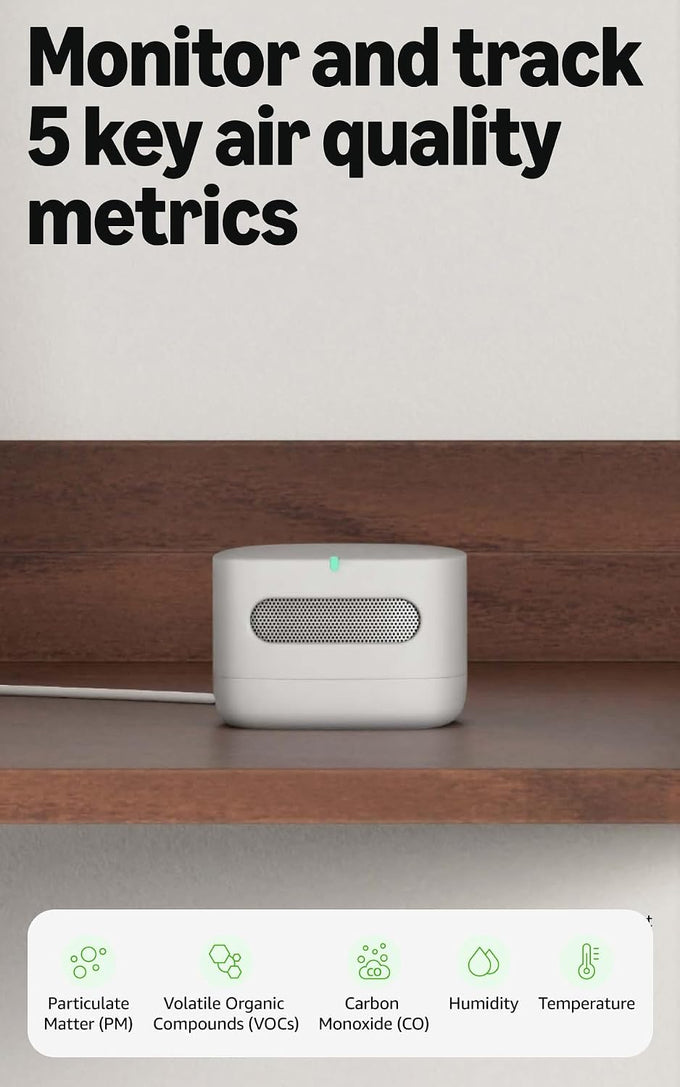 Amazon Smart Air Quality Monitor, Detects temperature, humidity, carbon monoxide, PM2.5 and VOCs, Get notifications when air quality drops, Works with Alexa