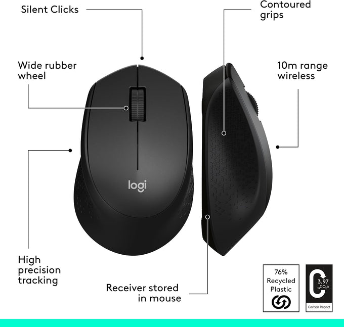 Logitech M330 Silent Plus Full Size 2.4 GHz Wireless Mouse - Black