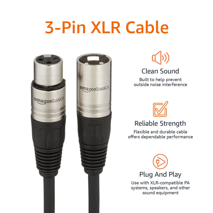 Amazon Basics XLR Microphone Cable for Speaker or PA System, Recording Studio, All Copper Conductors, Low Noise, 10 ft, Black