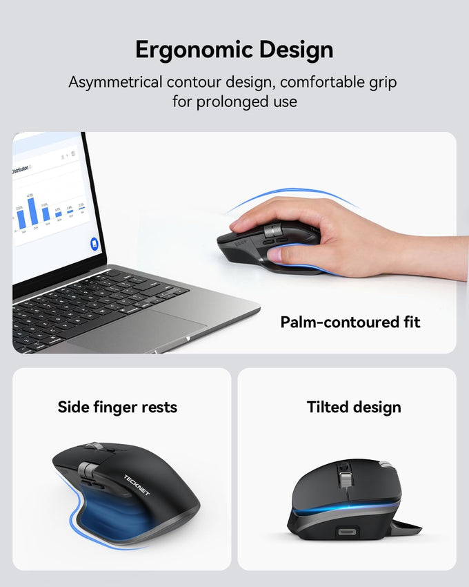 TECKNET Wireless Mouse, Side Scroll Bluetooth Rechargeable, 3-Device