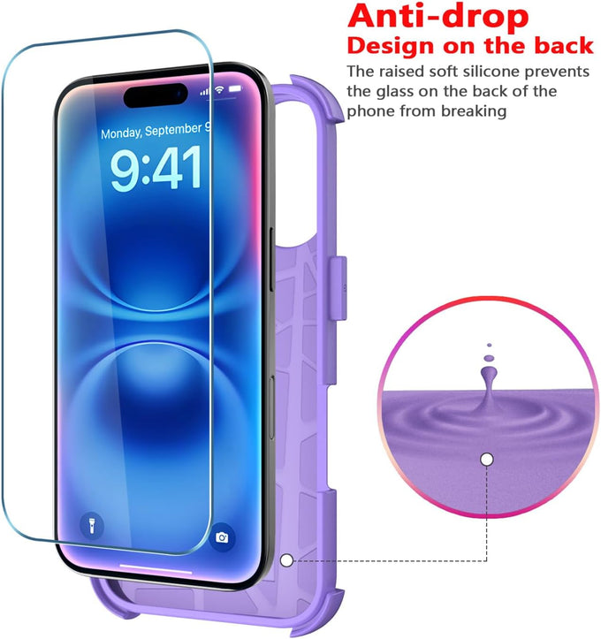 Diverbox for iPhone 16 Case [Shockproof] [Dropproof] [Tempered Glass Screen Protector + Camera Protectors] Heavy Duty Protection Phone Case Cover for Apple iPhone 16 (Purple)