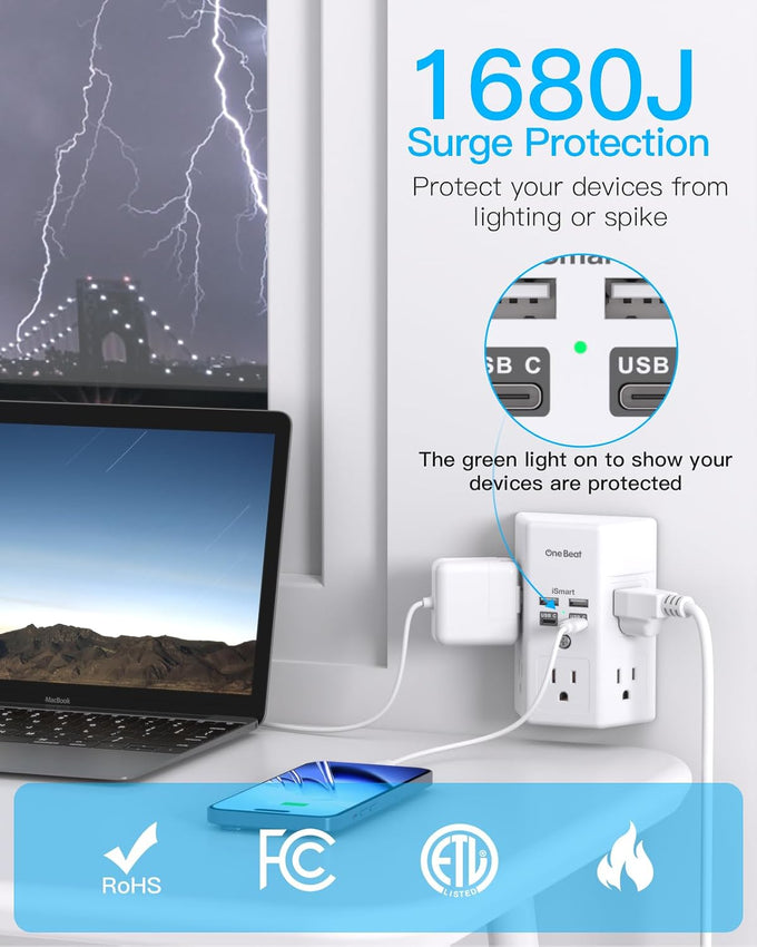One Beat Surge Protector Wall Outlet Extender,3-Sided Outlet Splitter 1680J