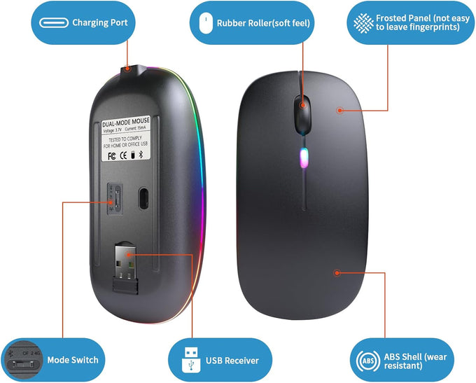 Afaartcci Rechargeable Wireless Mouse, Silent Bluetooth Mouse (Black)