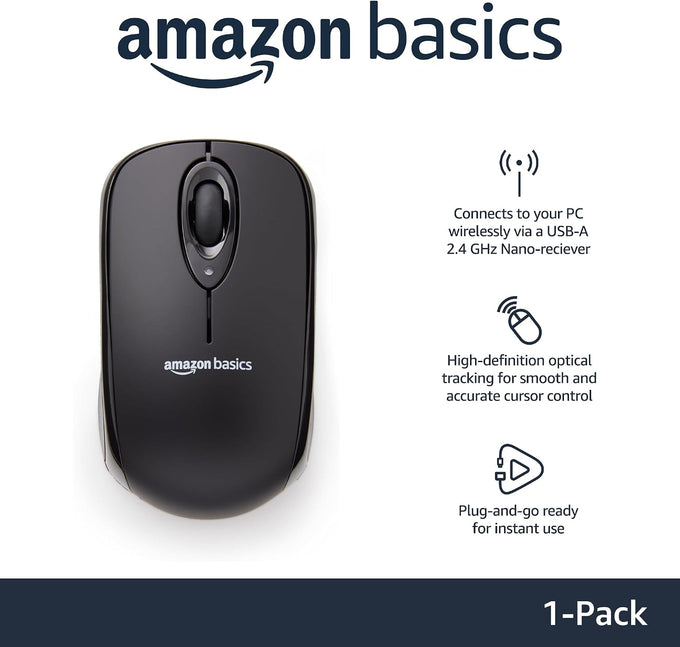 Amazon Basics 2.4 GHz Wireless Optical Computer Mouse with USB Nano Receiver, Portable, No Wires, Smooth Tracking, Multi-Device Compatibility, Black