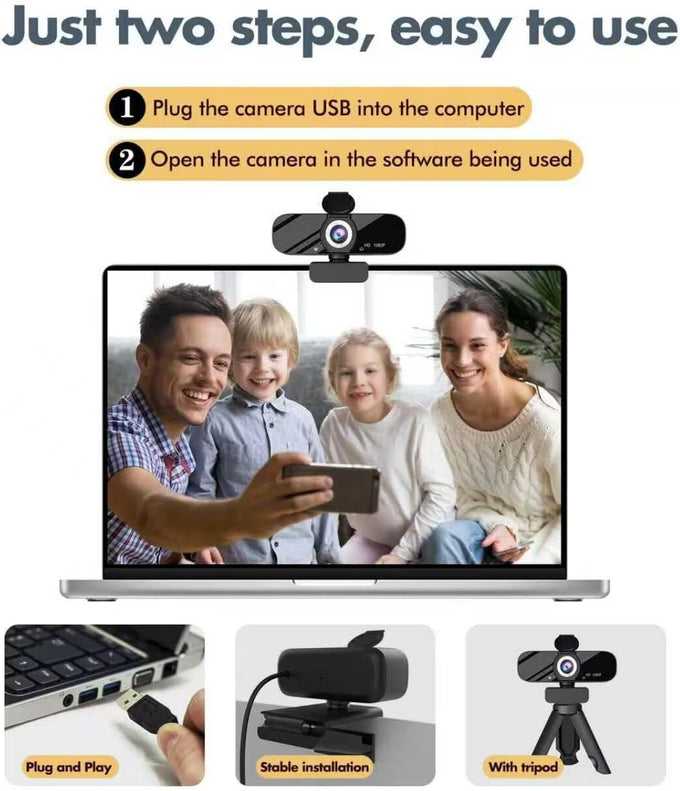 Tewiky Full HD Webcam with Built-in Microphone and Rotatable Tripod, 1080P Video and Wide Angle Camera, Privacy Cover, for Desktop PC or Laptop Computer