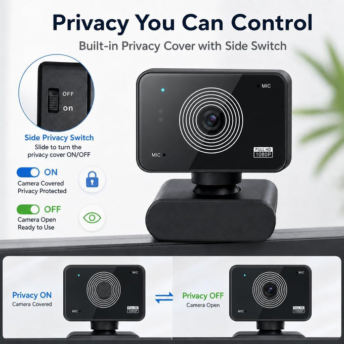 1080P HD USB Webcam Built-in Mic Auto Light Adjustment PC Camera for Video Conference Streaming Zoom Teams Switch 2