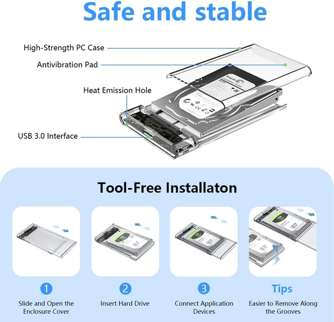 External Hard Drive Enclosure , SATA to USB 3.0 2.5 inch SSD HDD 7mm 9.5mm Clear Hard Drive Case Supports UASP SATA (Clear)