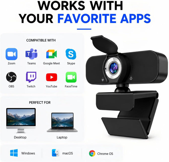 1080P Webcam for PC with Microphone, Privacy Cover & Tripod