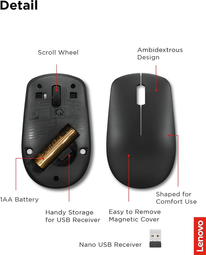 Lenovo 530 Wireless Mouse – Full Size Computer Mouse for PC, Laptop, Windows Computer - 2.4 GHz Nano USB Receiver - Ambidextrous Design - 12 Months Battery Life – Cordless