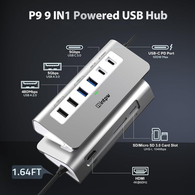 intpw 9-in-1 USB C Hub, P9 USB C to HDMI Adapter 4K@60Hz