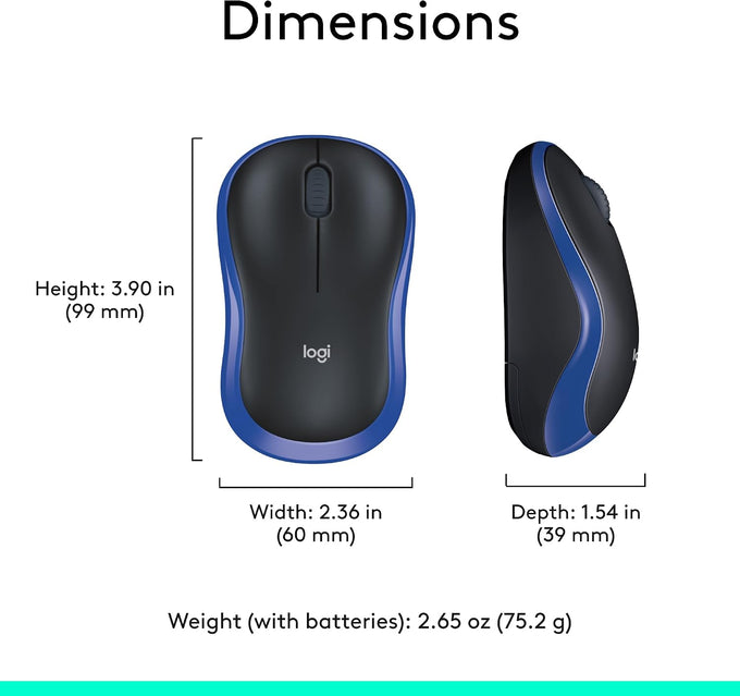 Logitech M185 Compact Ambidextrous Wireless Mouse with Rubber Grips - Blue