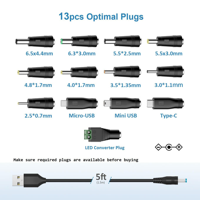 Powseed 5V Universal DC Power Cable, USB to DC Charging Cord with 13pcs Adapter Plugs for Webcam Router, Recorder, Bluetooth Speaker, Scanner, DVR, Hard Disk Box, USB-HUB etc.