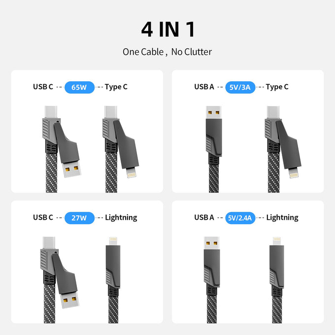 4 in 1 Multi Charging Cable Fast Charging 65W, USB C Cable with E-Mark Chip