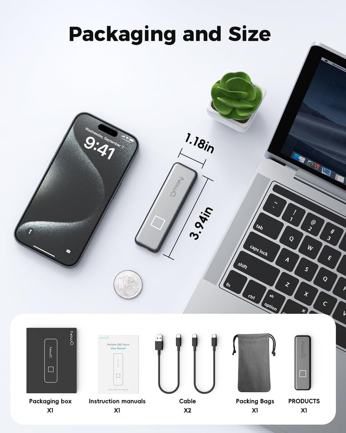 NEWQ 256GB Touch Portable SSD: Encryption, Fingerprint, USB-C Connectivity