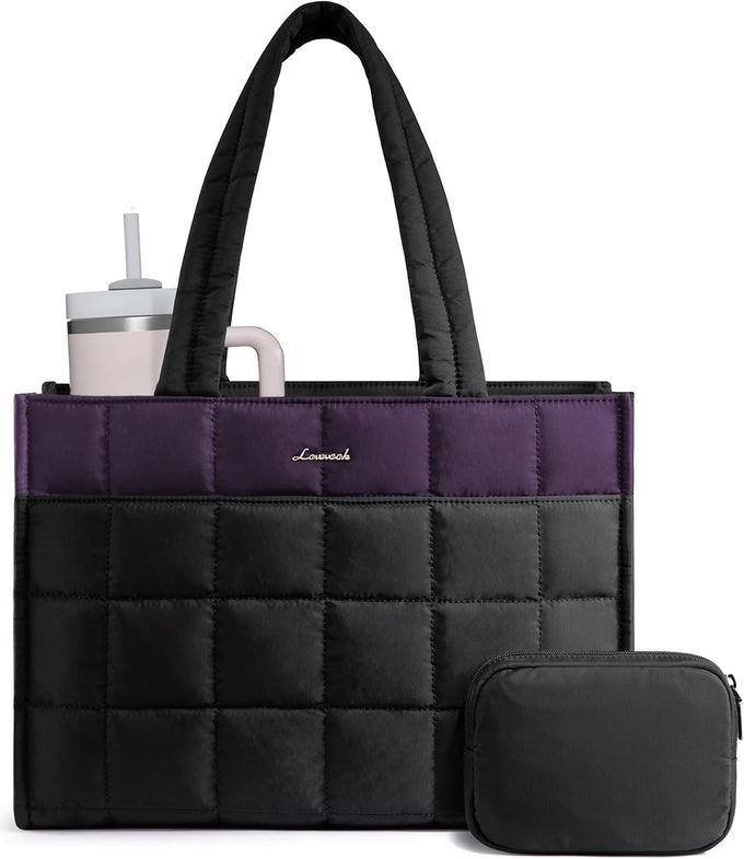 LOVEVOOK Tote Bag for Women, Puffer Work Handbag 15.6 Inch Laptop Purse for Nurse Teacher, Large Quilted Travel Tote Shoulder Bag with Zipper for College Office Clinical Gym, Black