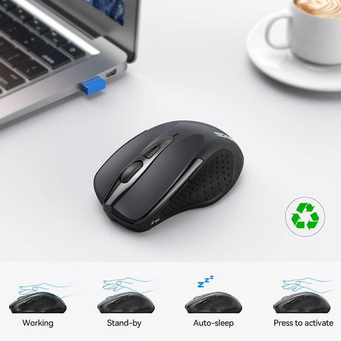 TECKNET Wireless Mouse, BT 5.0/2.4G, Silent 4800 DPI 6 Buttons, Grey