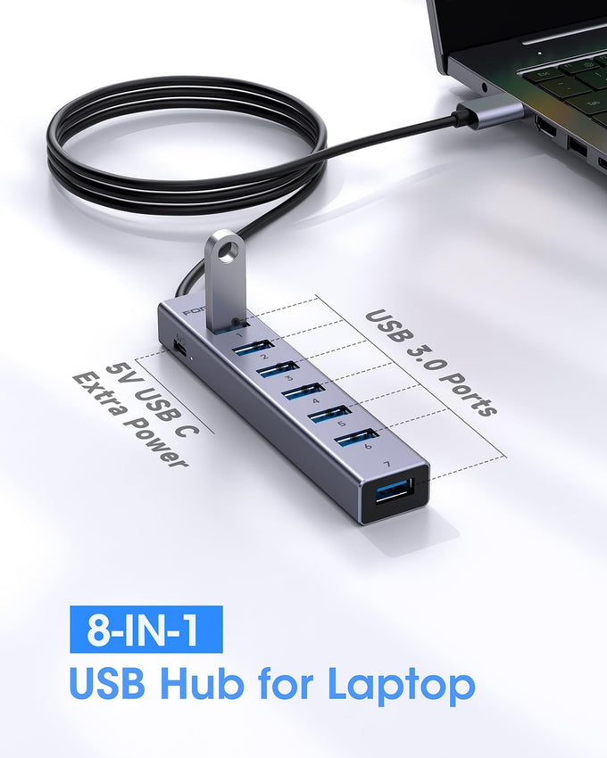 FORIDA Aluminum 8-Port USB Hub Long Cable USB Splitter with 7 USB 3.0 Ports