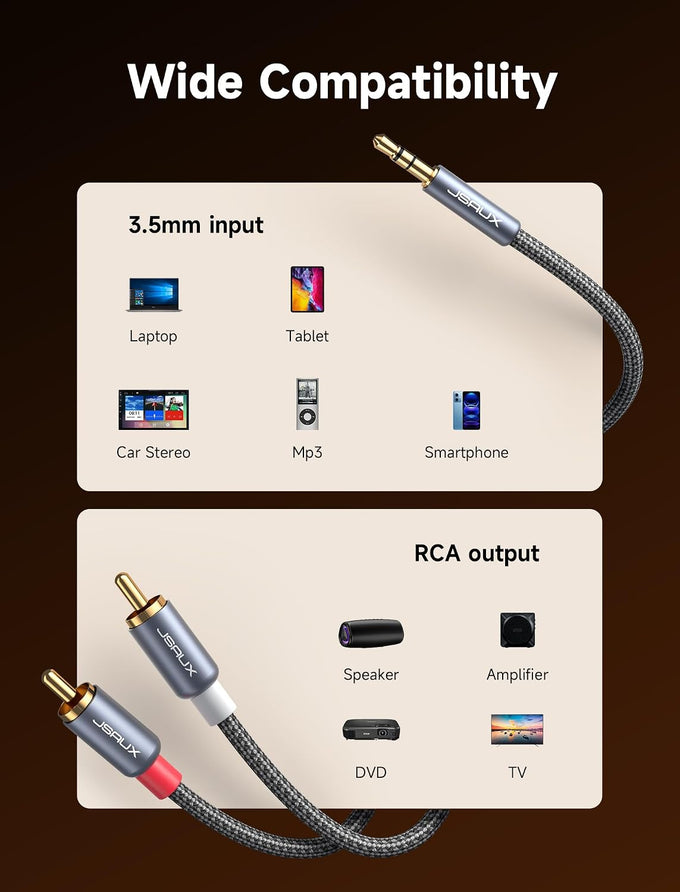 JSAUX RCA to 3.5mm Cable 6.6ft, 2RCA Male to Aux Audio Adapter HiFi Sound