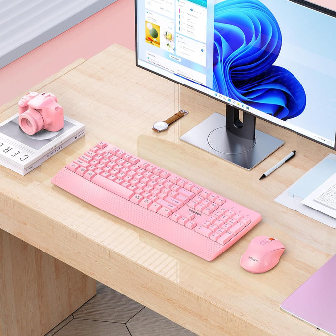 MEETION Wireless Keyboard and Mouse Combo, Full-Size with Wrist Rest, Pink