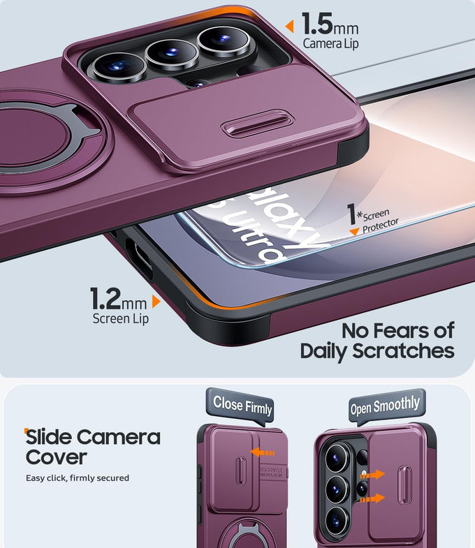 JAME for Samsung Galaxy S26 Ultra Case with Ring Stand & Slide Camera Cover