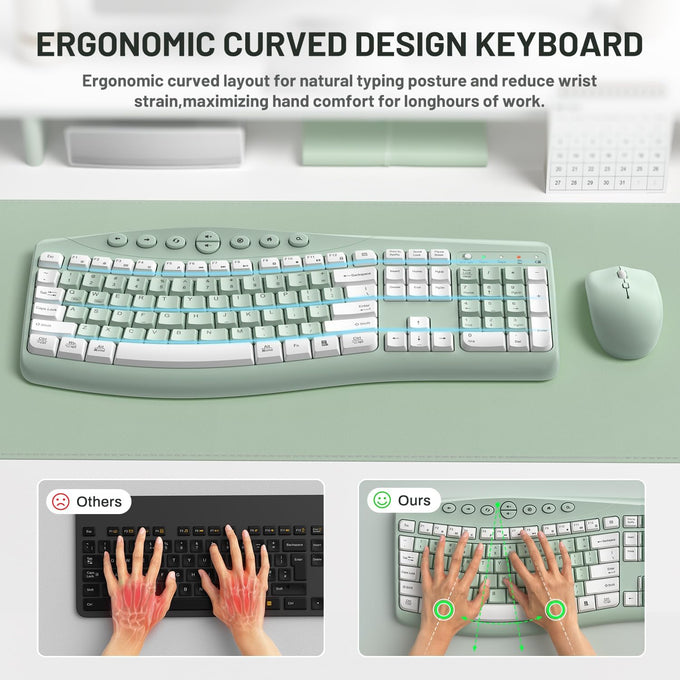 Wireless Keyboard and Mouse Combo Silent Ergonomic Curved Design for Office