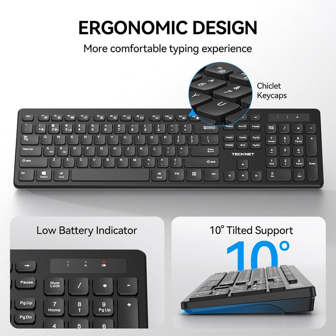 TECKNET Wireless Keyboards Full Size, Bluetooth+2.4G USB for Windows, Black