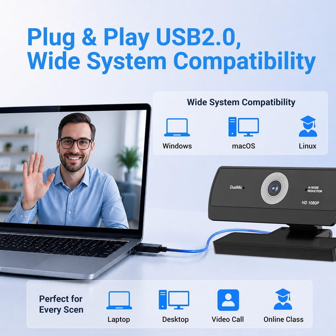 1080P HD Webcam Built-in Microphone Auto Light Correction USB Computer Camera Plug and Play for Zoom Teams Streaming Video Calling