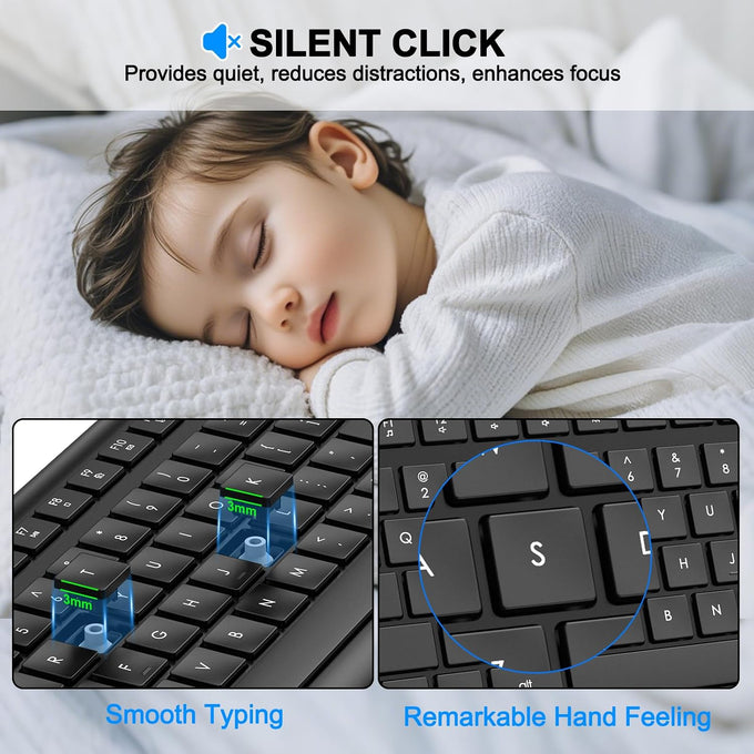 EDJO Wireless Keyboard, 2.4G Full-Sized Cordless USB Silent Computer Keyboard, Ergonomic Tilt Angle, Sleep Mode, Long Battery Life, for Windows, Mac OS Laptop/PC/Desktop/Notebook